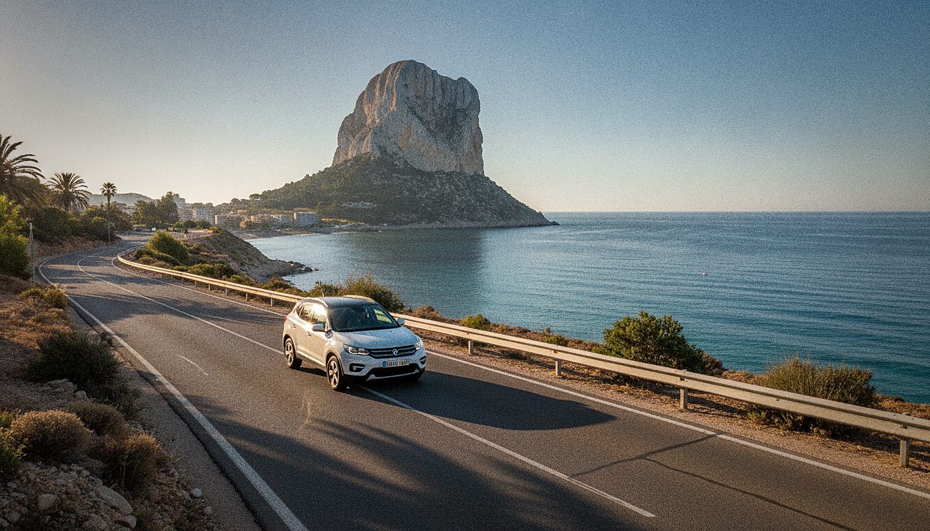 Coche de alquiler en la carretera de la costa de Calpe con el Peñón de Ifach al fondo