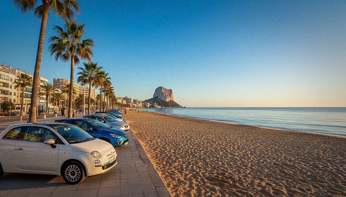 Coches de alquiler aparcados junto a la playa del Arenal en Calpe